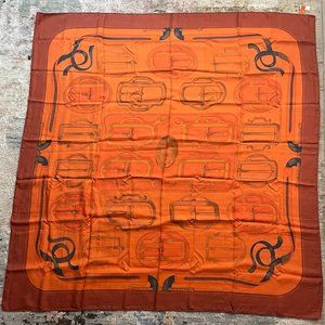 HERMES scarf, signature apricot orange " Bouclerie D' Attelage" 140